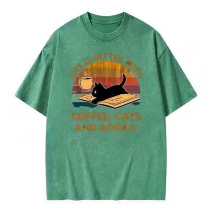 Pagewings Life Is Better With Coffee Cats And Books Unisex Washed T-shirt