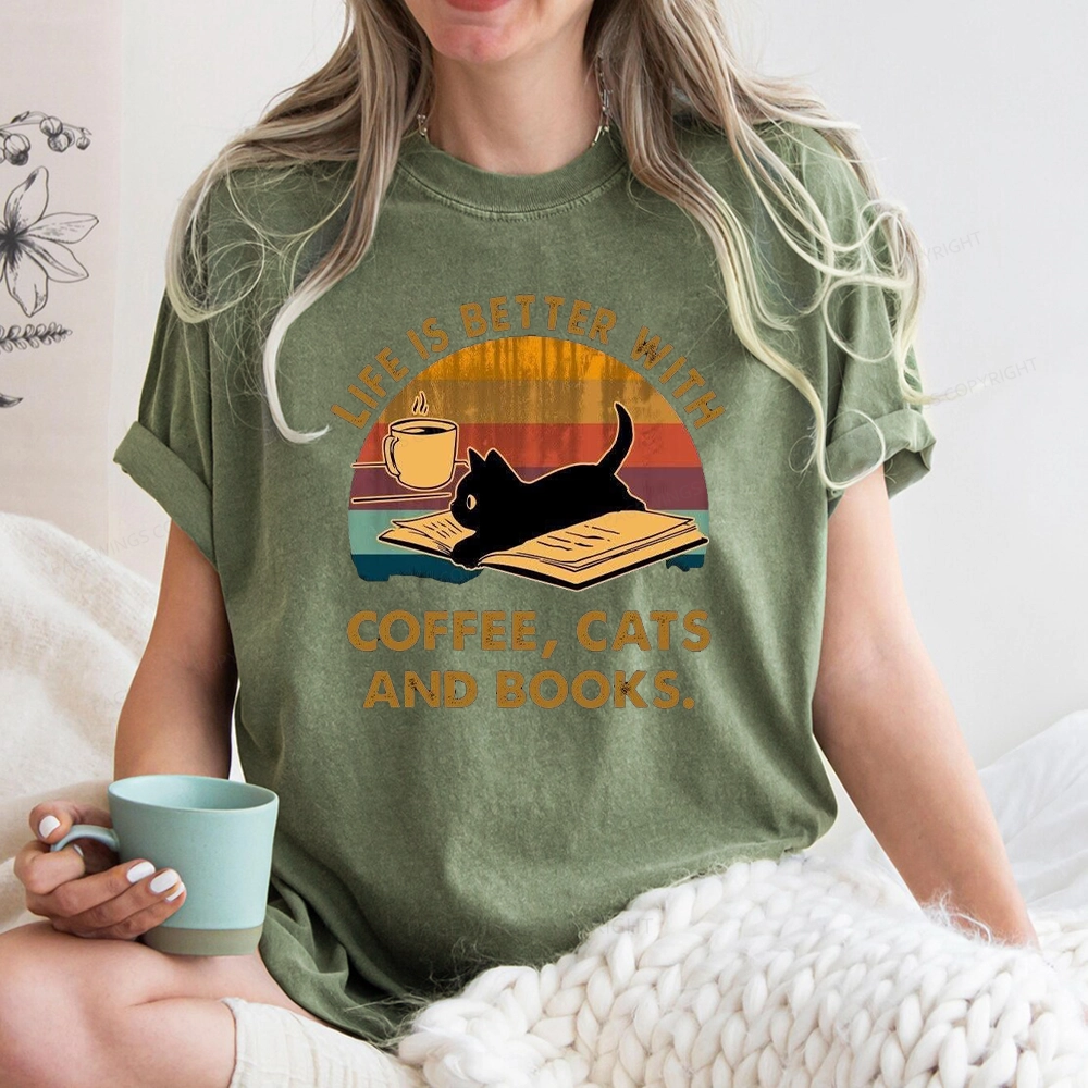 Pagewings Life Is Better With Coffee Cats And Books Unisex Washed T-shirt