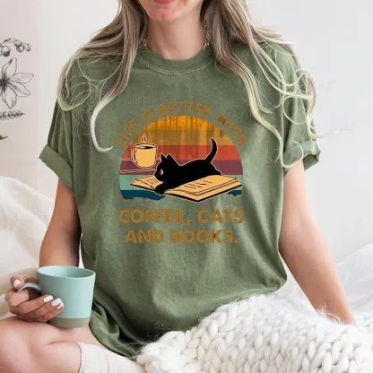 Pagewings Life Is Better With Coffee Cats And Books Unisex Washed T-shirt