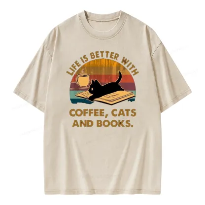 Pagewings Life Is Better With Coffee Cats And Books Unisex Washed T-shirt