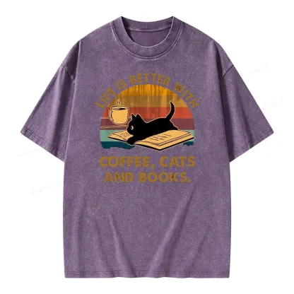 Pagewings Life Is Better With Coffee Cats And Books Unisex Washed T-shirt