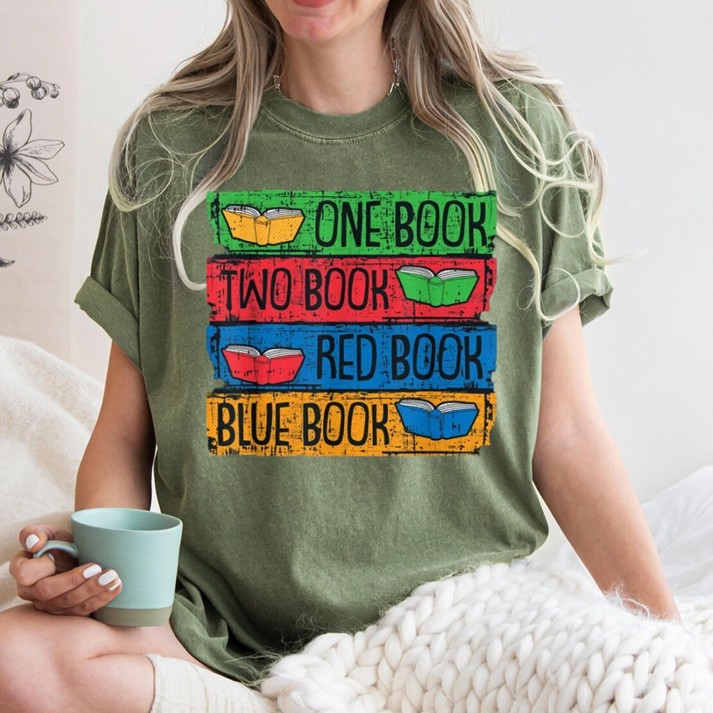 Pagewings One Book Two Books Red Book Blue Book Unisex Washed T-shirt