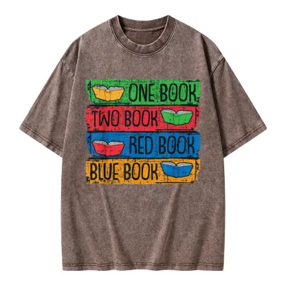 Pagewings One Book Two Books Red Book Blue Book Unisex Washed T-shirt