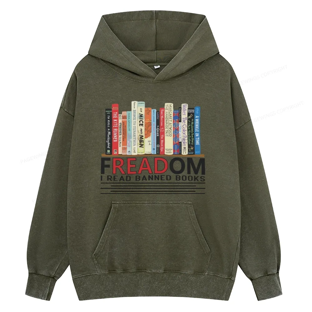 Pagewings Freadom I Read Banned Books Unisex Washed Hoodie