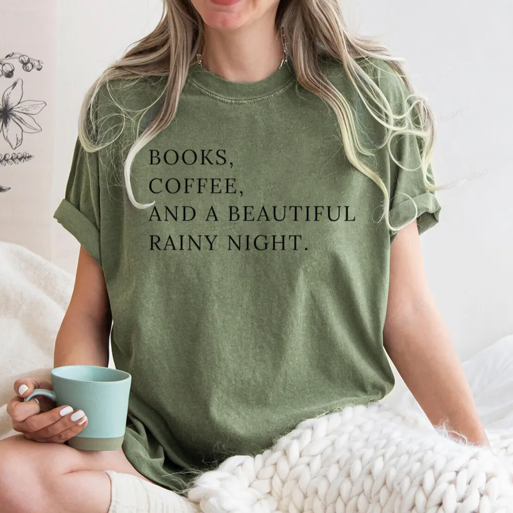 Pagewings Books Coffee And A Beautiful Rainy Night Unisex Washed T-shirt