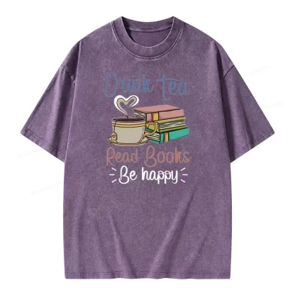 Pagewings Drink Tea Read Books Be Happy Unisex Washed T-shirt