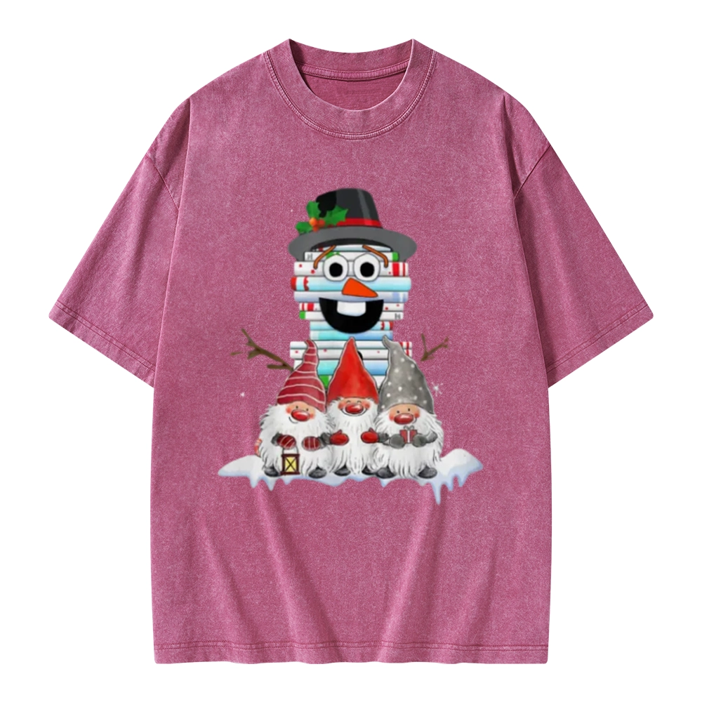 Pagewings Snowman Book Christmas Stack Gnome Librarian Book Unisex Washed T-shirt