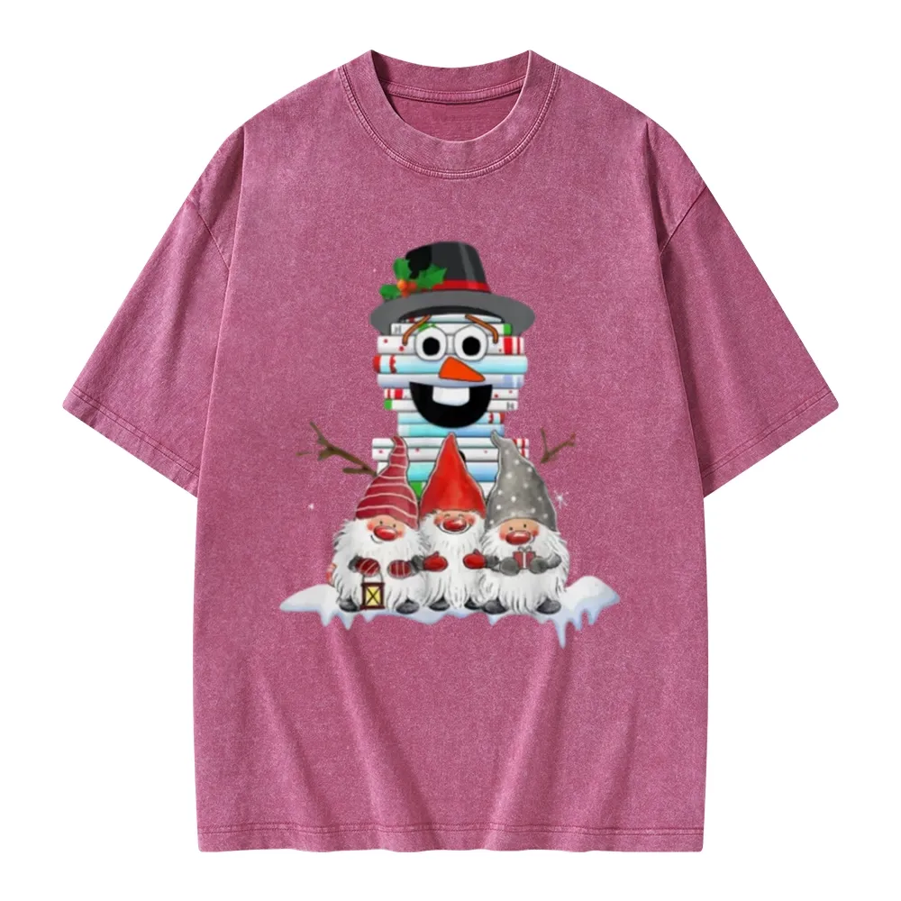 Pagewings Snowman Book Christmas Stack Gnome Librarian Book Unisex Washed T-shirt