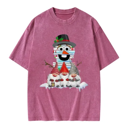 Pagewings Snowman Book Christmas Stack Gnome Librarian Book Unisex Washed T-shirt