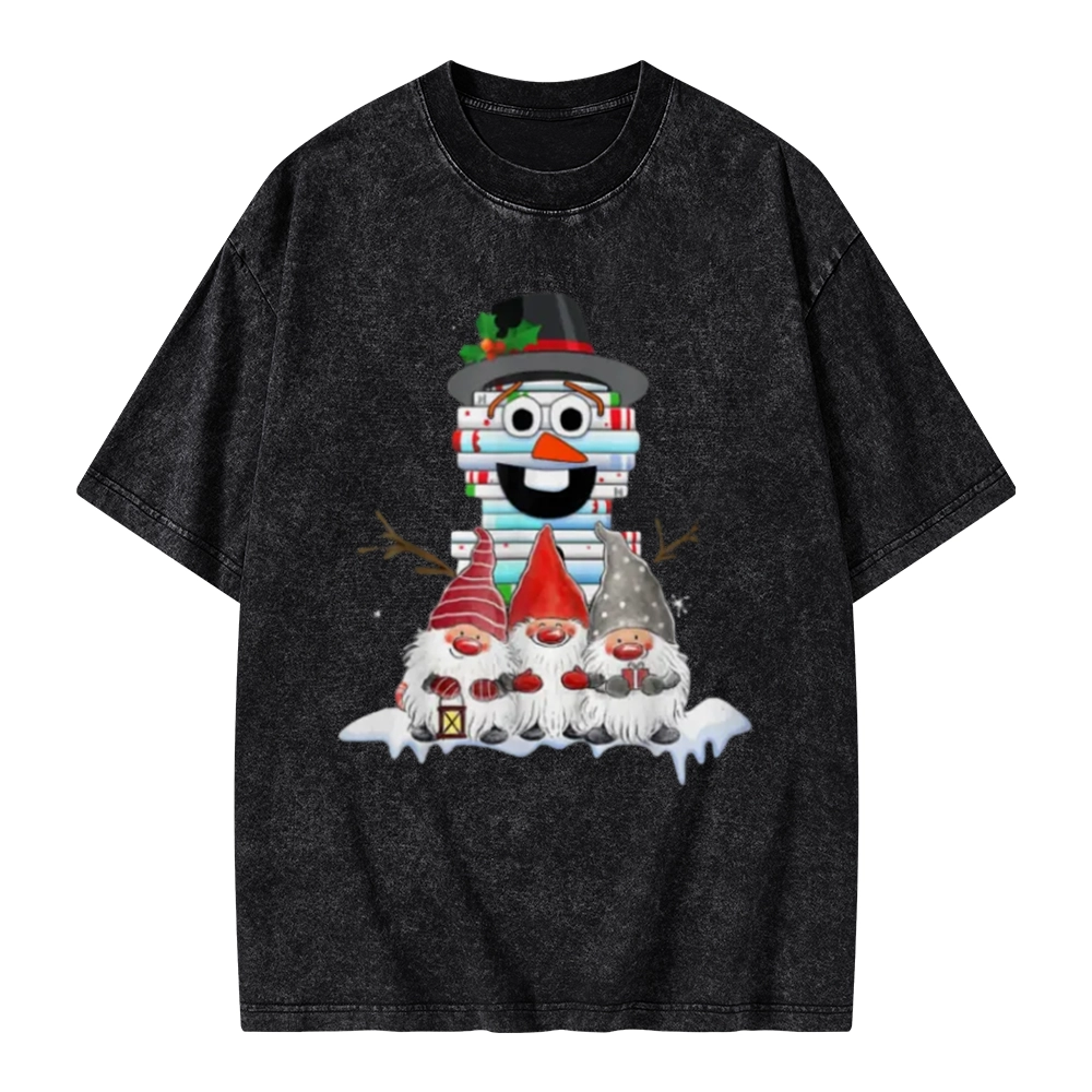 Pagewings Snowman Book Christmas Stack Gnome Librarian Book Unisex Washed T-shirt