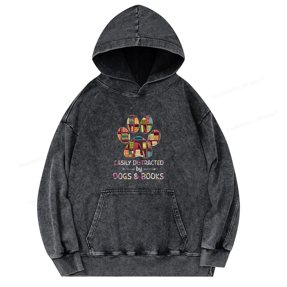 Pagewings Easily Distracted By Dogs And Books Unisex Washed Hoodie