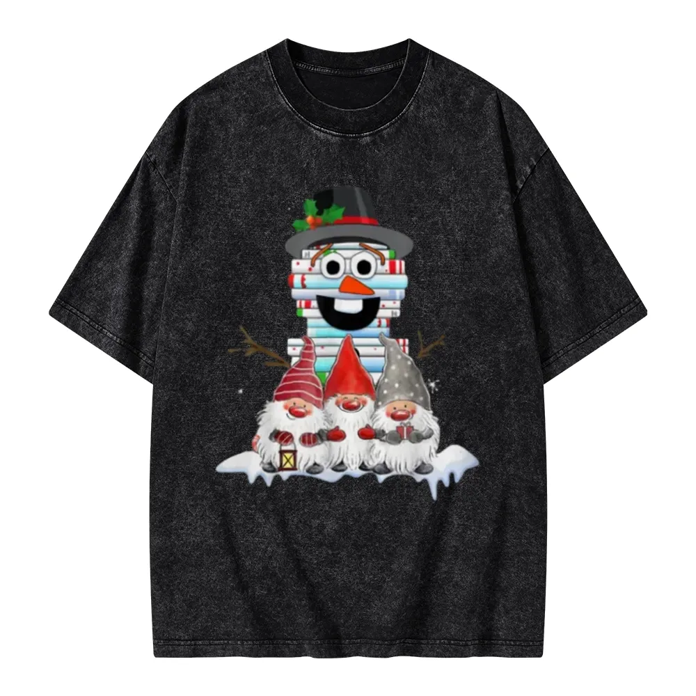 Pagewings Snowman Book Christmas Stack Gnome Librarian Book Unisex Washed T-shirt