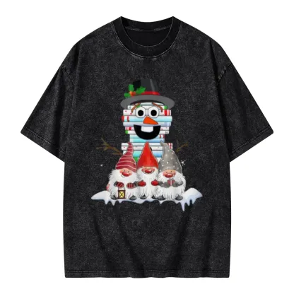 Pagewings Snowman Book Christmas Stack Gnome Librarian Book Unisex Washed T-shirt