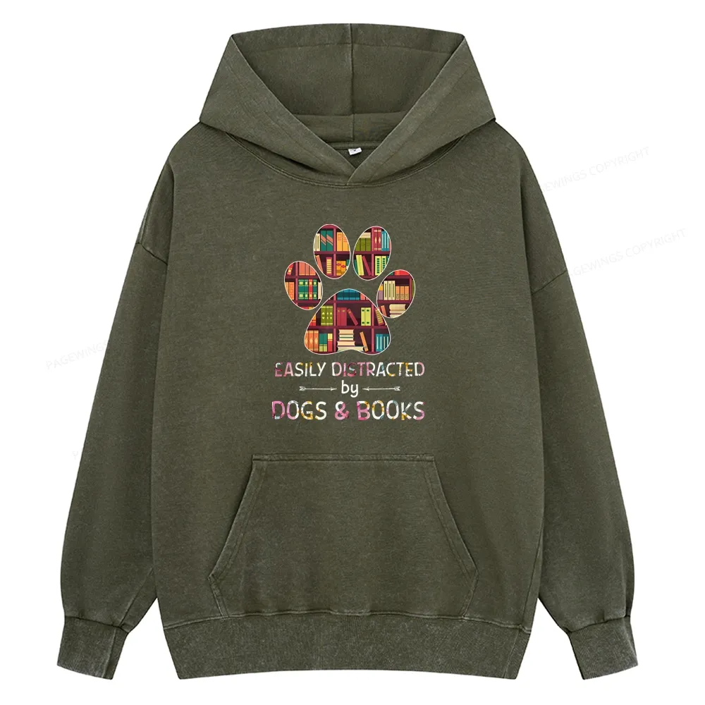 Pagewings Easily Distracted By Dogs And Books Unisex Washed Hoodie
