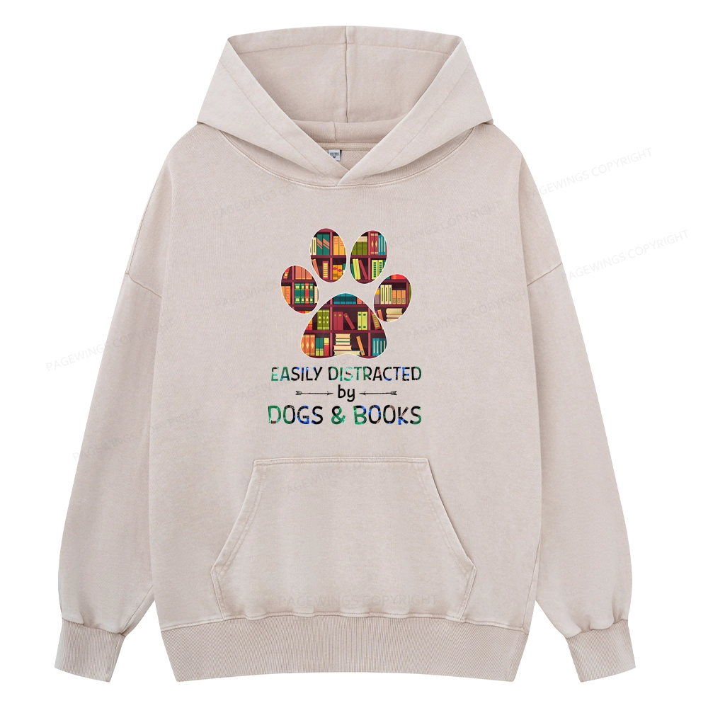 Pagewings Easily Distracted By Dogs And Books Unisex Washed Hoodie