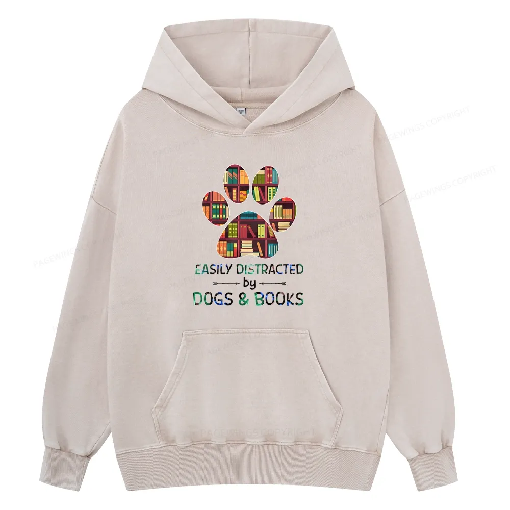 Pagewings Easily Distracted By Dogs And Books Unisex Washed Hoodie