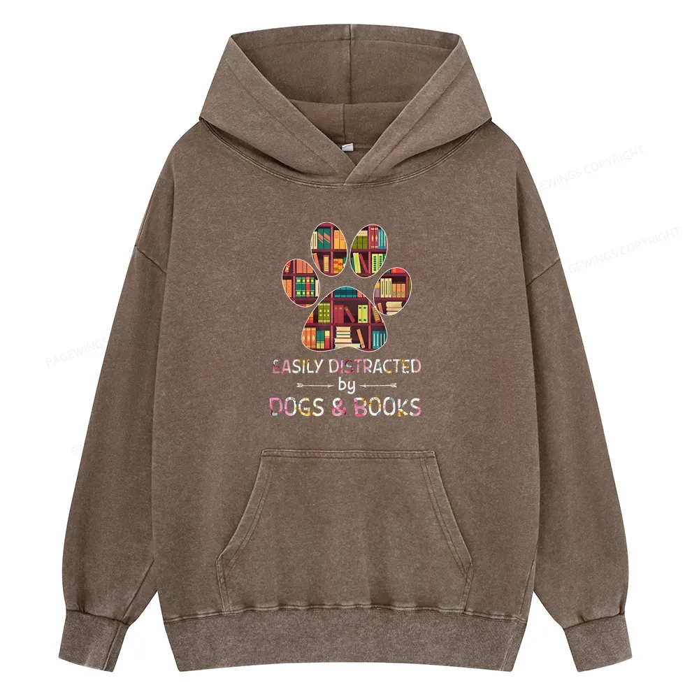 Pagewings Easily Distracted By Dogs And Books Unisex Washed Hoodie
