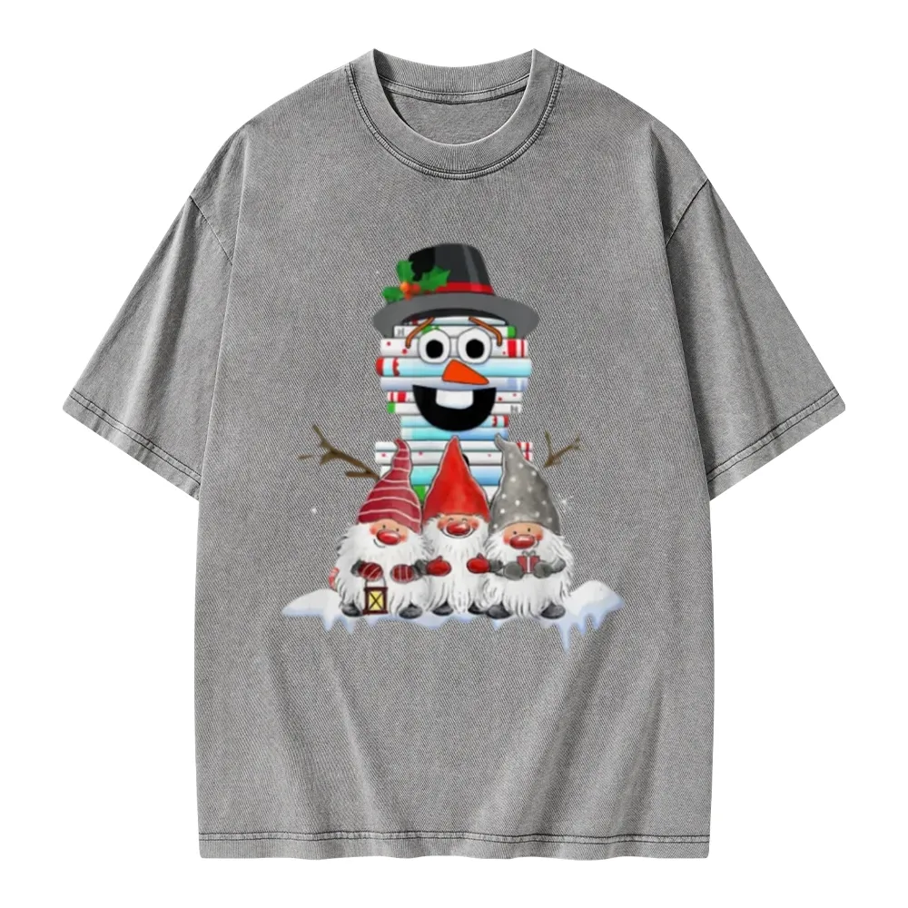 Pagewings Snowman Book Christmas Stack Gnome Librarian Book Unisex Washed T-shirt