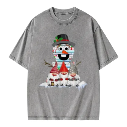 Pagewings Snowman Book Christmas Stack Gnome Librarian Book Unisex Washed T-shirt