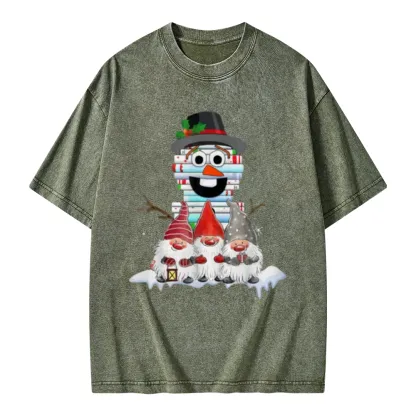 Pagewings Snowman Book Christmas Stack Gnome Librarian Book Unisex Washed T-shirt