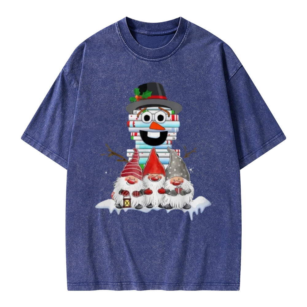 Pagewings Snowman Book Christmas Stack Gnome Librarian Book Unisex Washed T-shirt