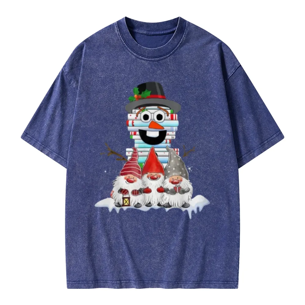 Pagewings Snowman Book Christmas Stack Gnome Librarian Book Unisex Washed T-shirt
