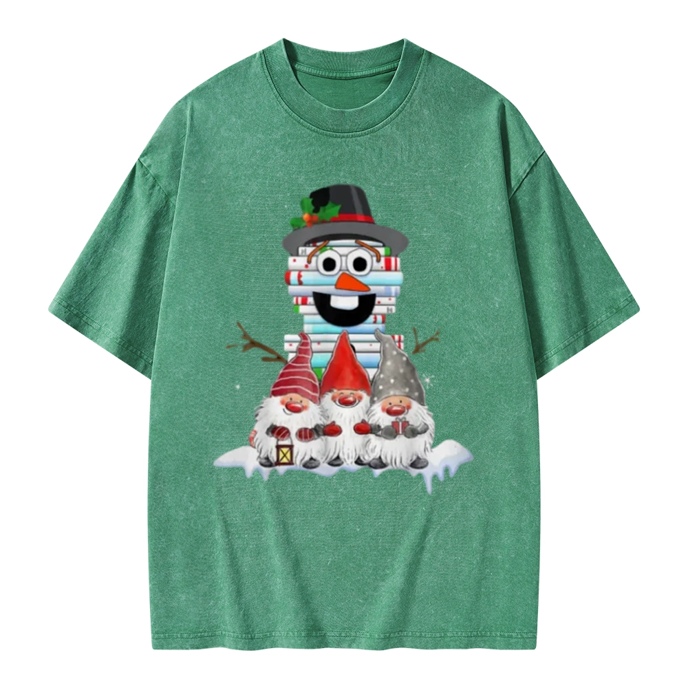 Pagewings Snowman Book Christmas Stack Gnome Librarian Book Unisex Washed T-shirt