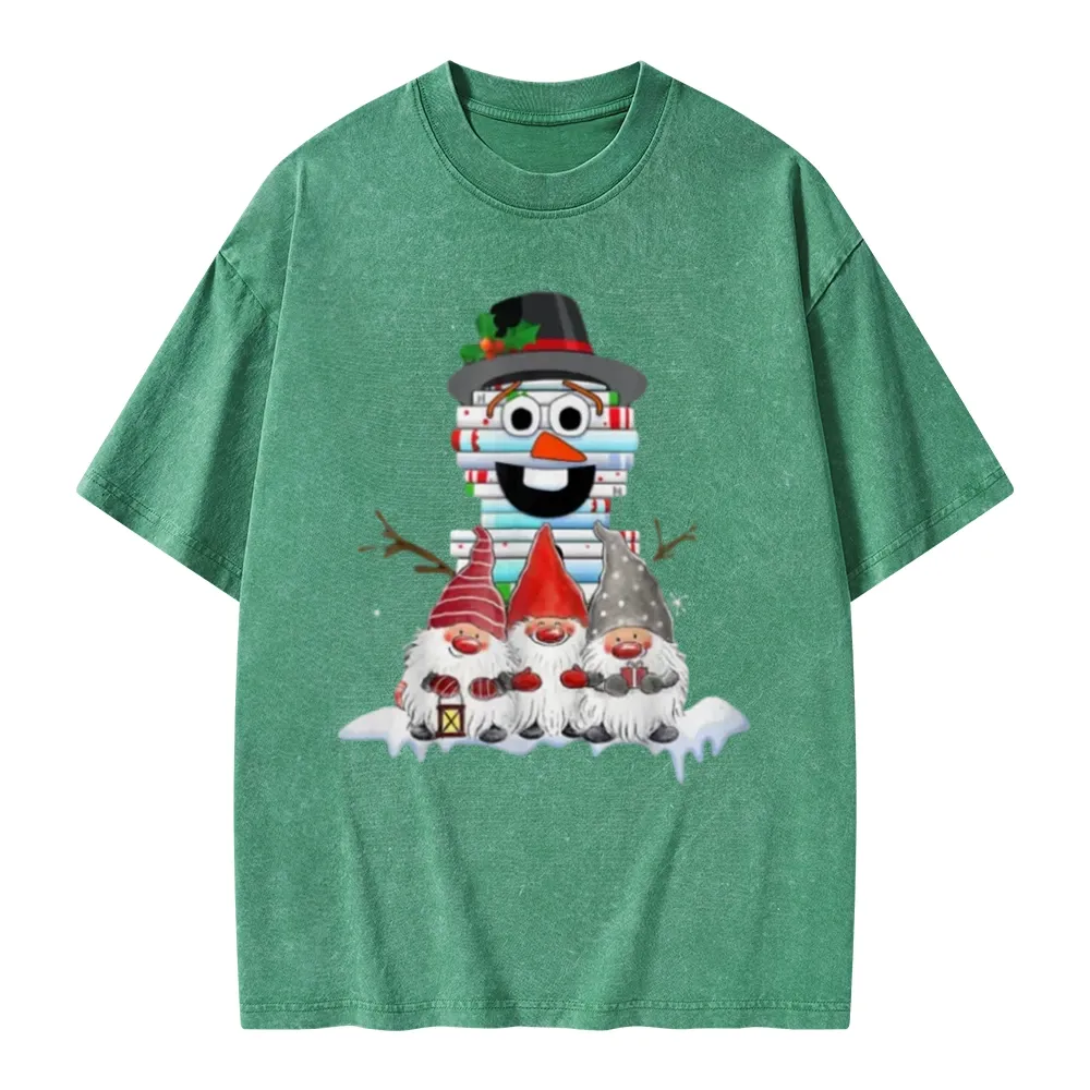 Pagewings Snowman Book Christmas Stack Gnome Librarian Book Unisex Washed T-shirt