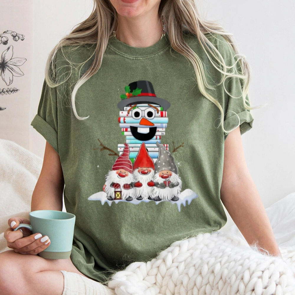 Pagewings Snowman Book Christmas Stack Gnome Librarian Book Unisex Washed T-shirt