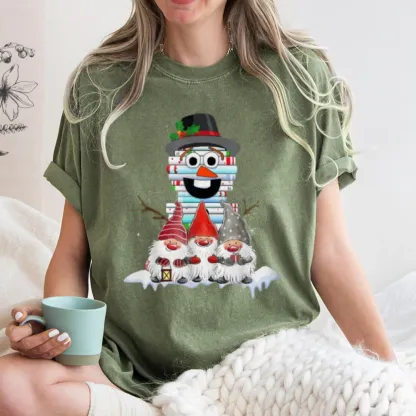 Pagewings Snowman Book Christmas Stack Gnome Librarian Book Unisex Washed T-shirt