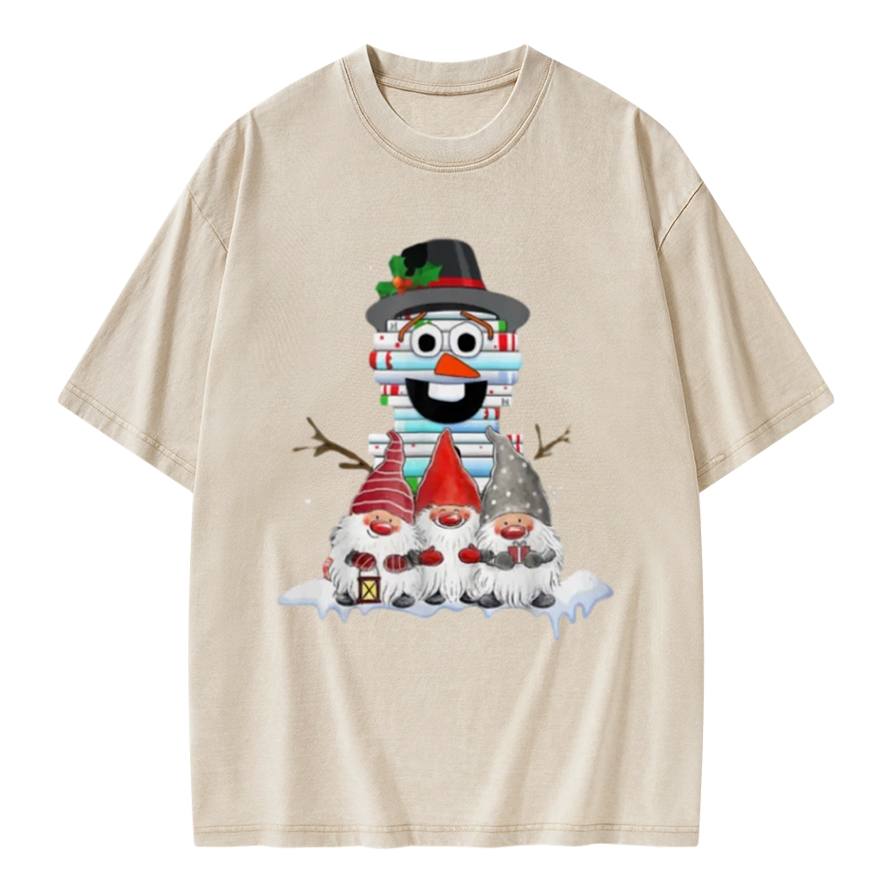 Pagewings Snowman Book Christmas Stack Gnome Librarian Book Unisex Washed T-shirt