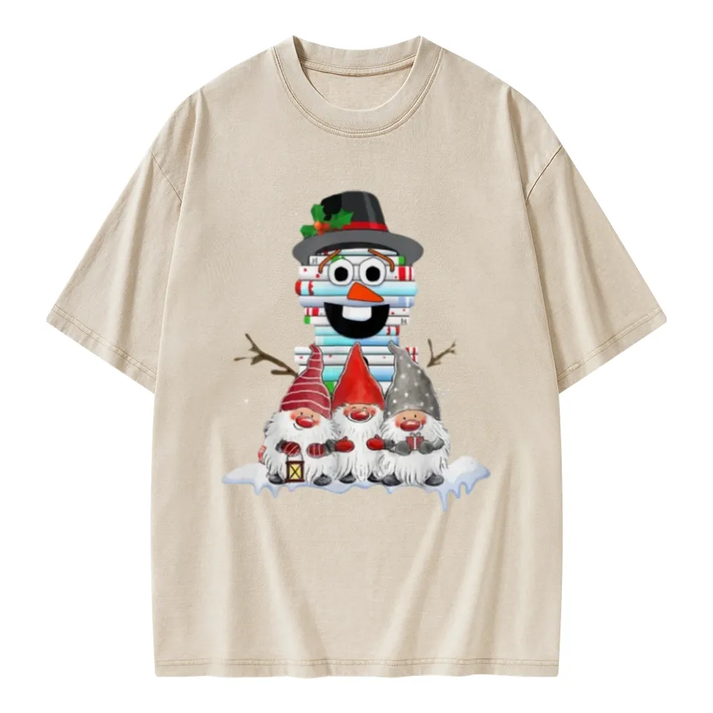 Pagewings Snowman Book Christmas Stack Gnome Librarian Book Unisex Washed T-shirt