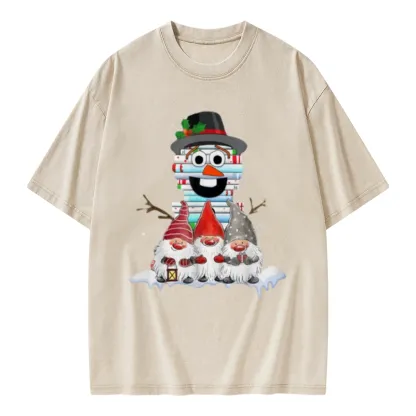 Pagewings Snowman Book Christmas Stack Gnome Librarian Book Unisex Washed T-shirt