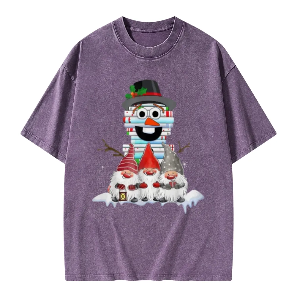 Pagewings Snowman Book Christmas Stack Gnome Librarian Book Unisex Washed T-shirt