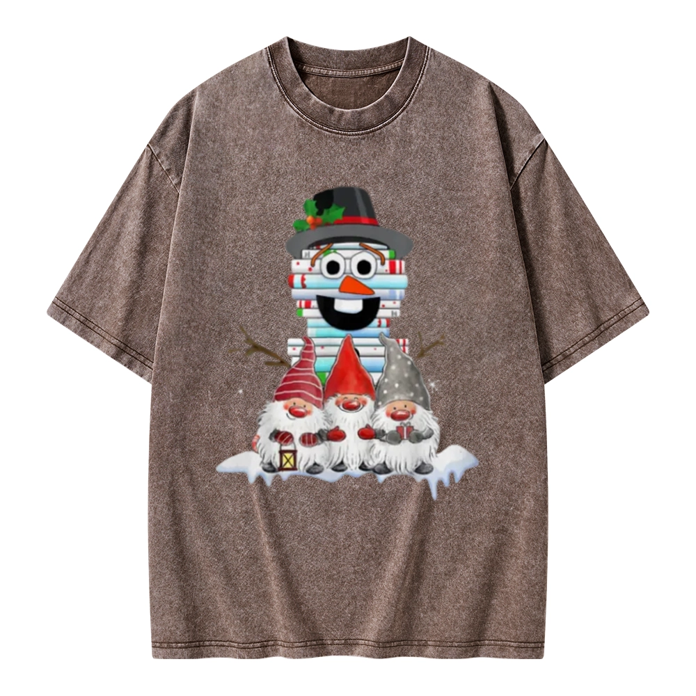 Pagewings Snowman Book Christmas Stack Gnome Librarian Book Unisex Washed T-shirt