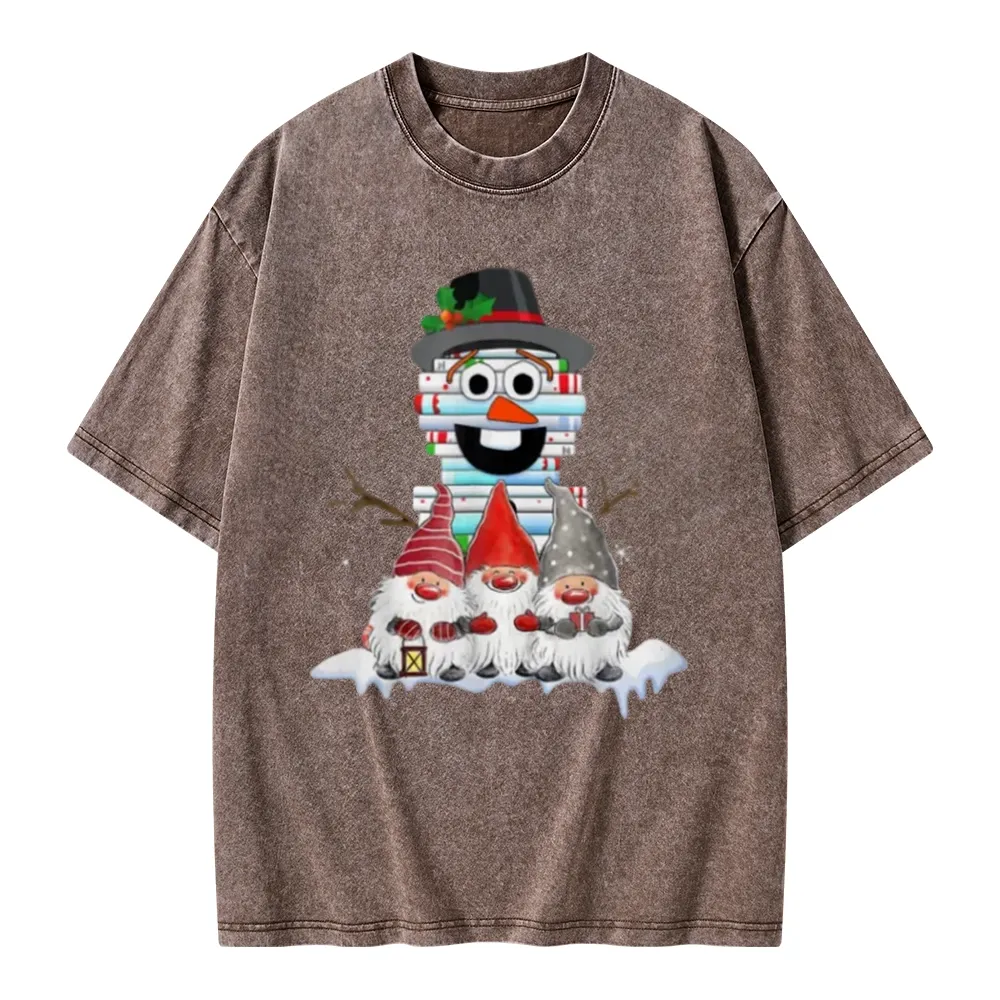 Pagewings Snowman Book Christmas Stack Gnome Librarian Book Unisex Washed T-shirt