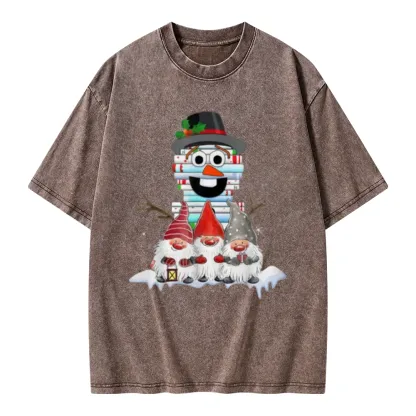Pagewings Snowman Book Christmas Stack Gnome Librarian Book Unisex Washed T-shirt