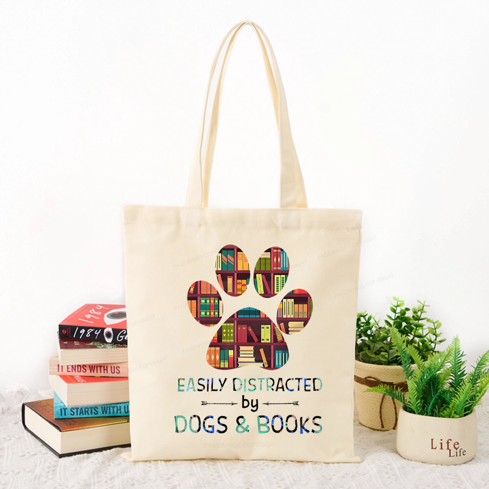 Pagewings Easily Distracted By Dogs And Books Tote Bag