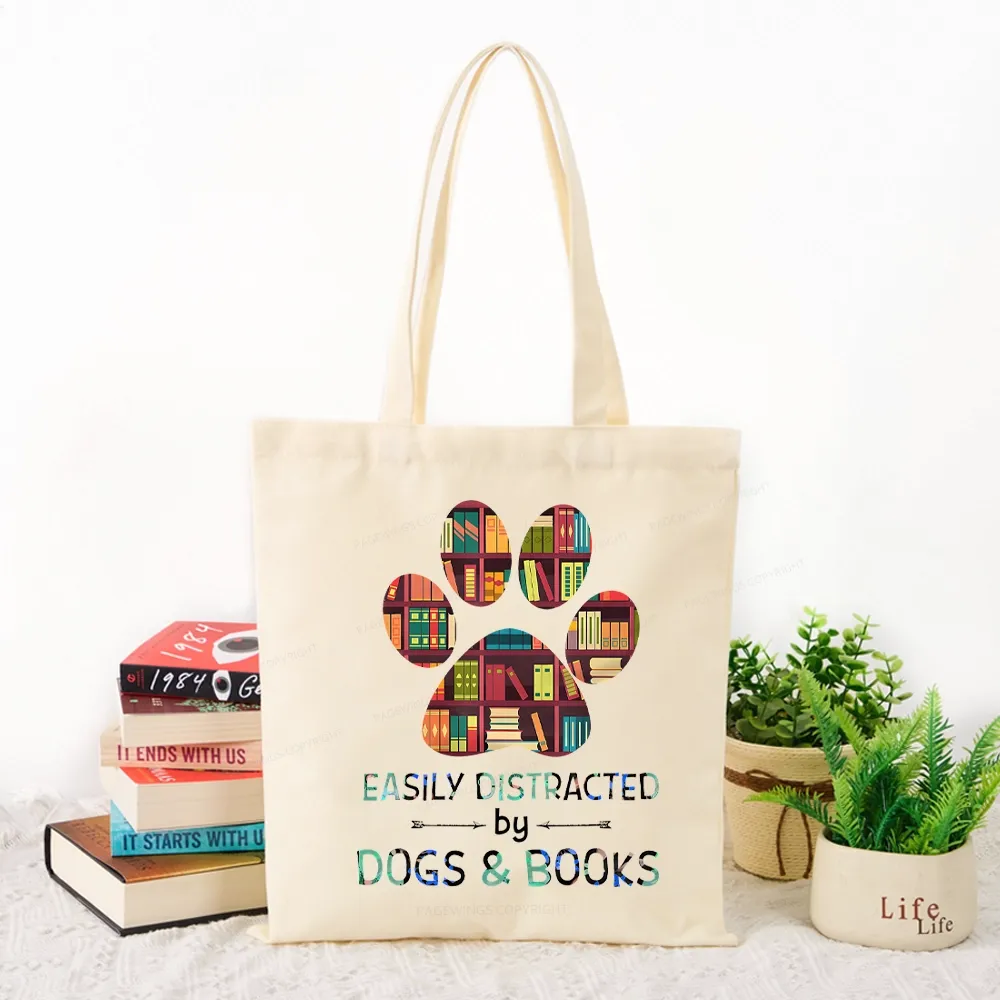 Pagewings Easily Distracted By Dogs And Books Tote Bag