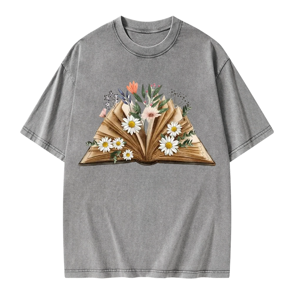 Pagewings Reading Flower Book Unisex Washed T-shirt