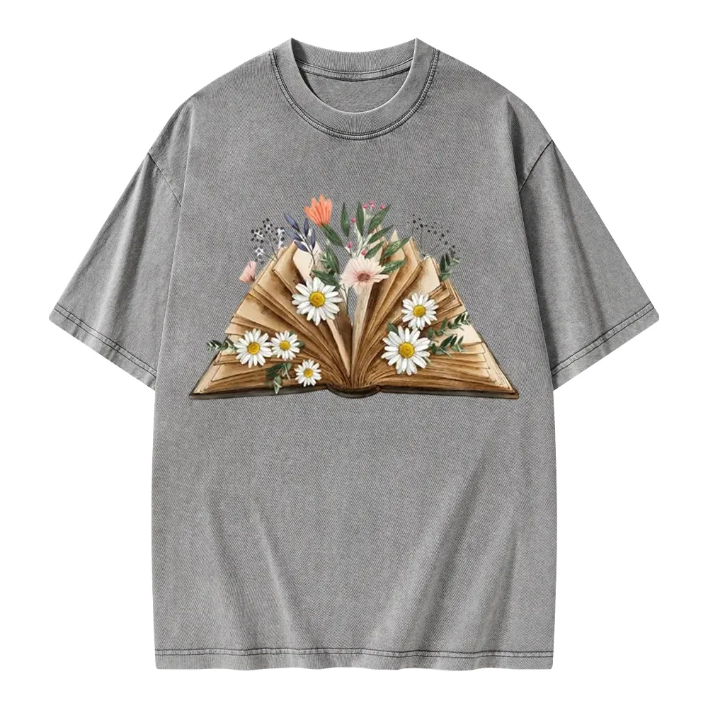 Pagewings Reading Flower Book Unisex Washed T-shirt