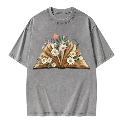 Pagewings Reading Flower Book Unisex Washed T-shirt