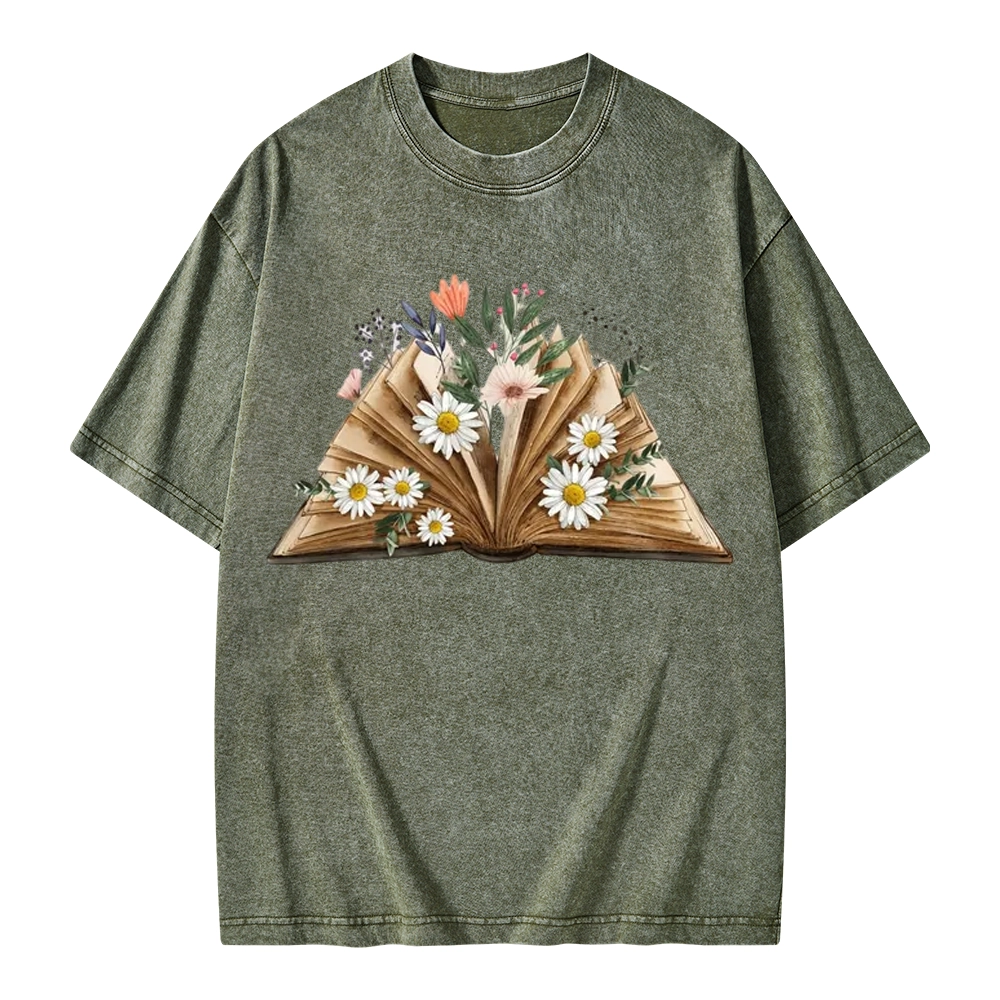Pagewings Reading Flower Book Unisex Washed T-shirt