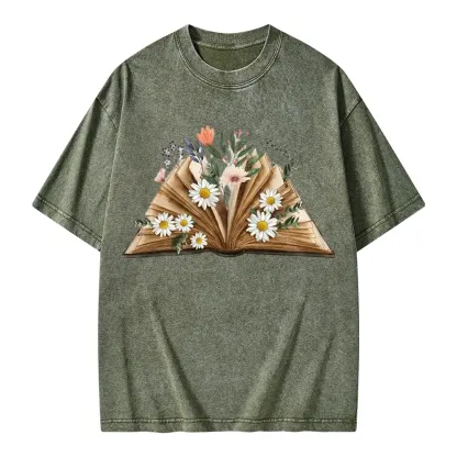 Pagewings Reading Flower Book Unisex Washed T-shirt