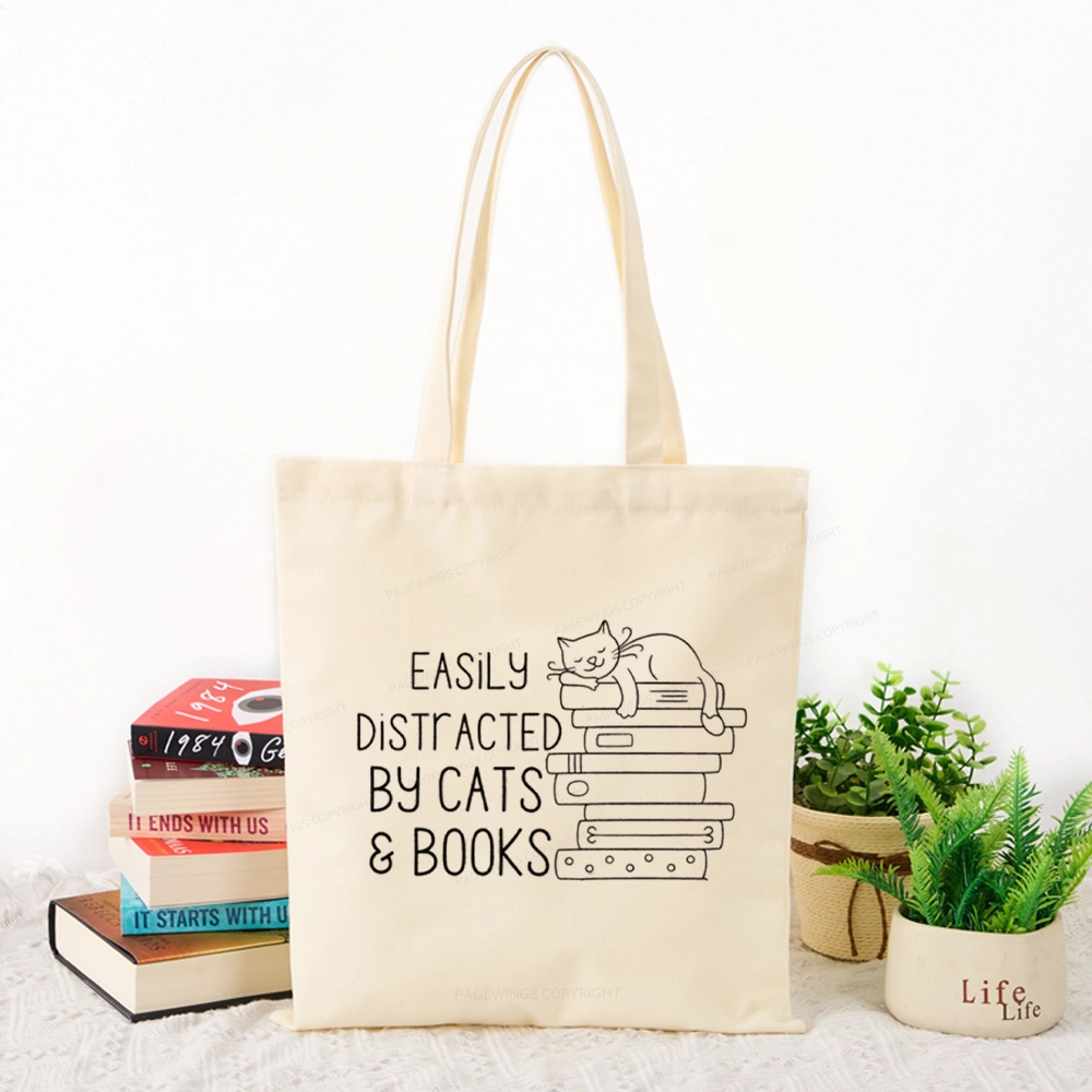 Pagewings Easily Distracted By Cats and Books Tote Bag