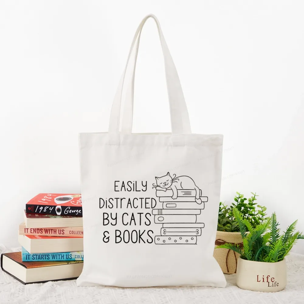 Pagewings Easily Distracted By Cats and Books Tote Bag