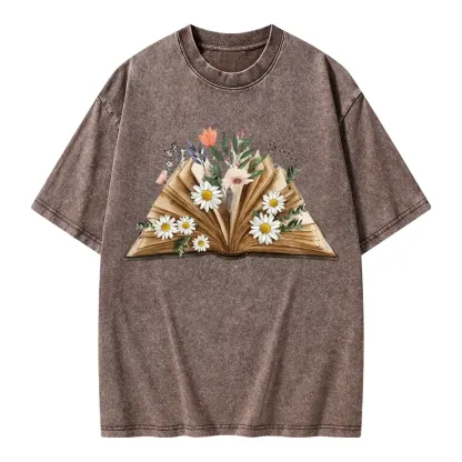 Pagewings Reading Flower Book Unisex Washed T-shirt