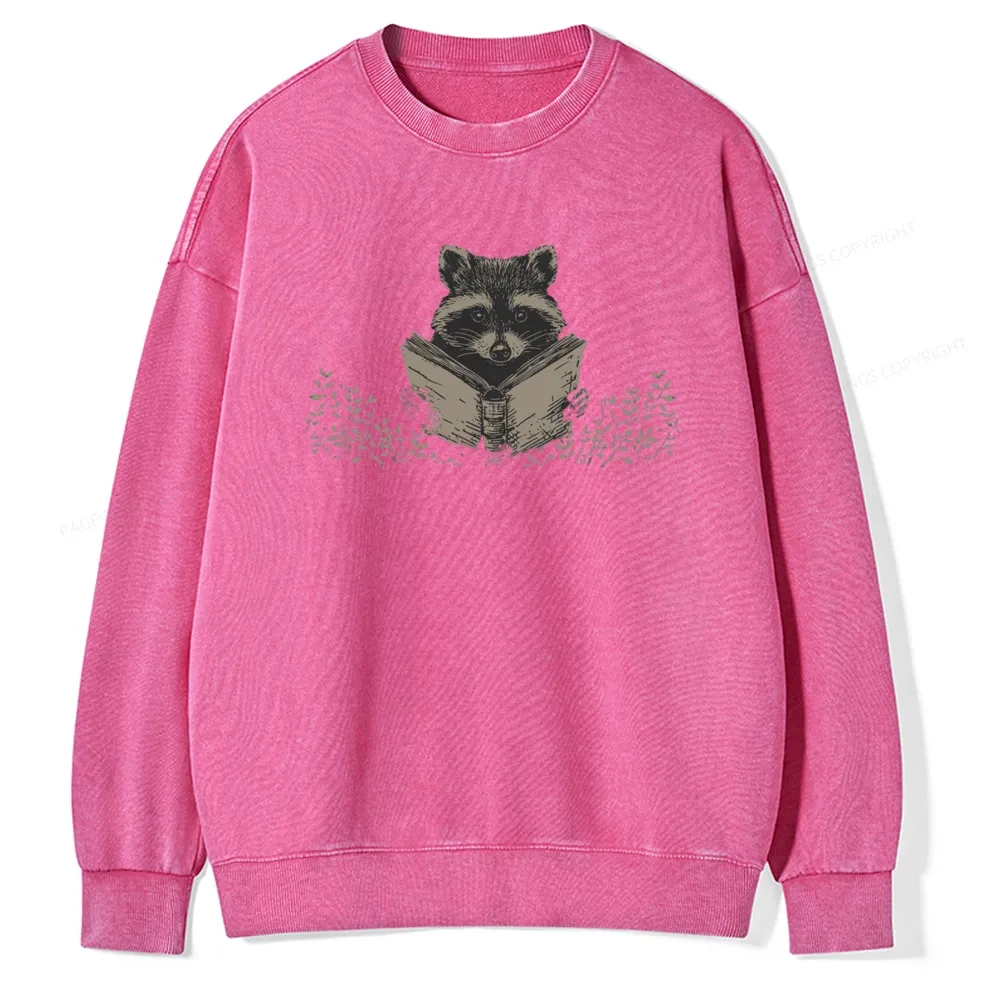 Pagewings Raccoon Reading Unisex Washed Sweatshirt