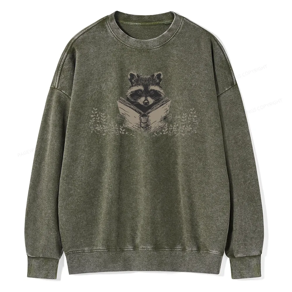 Pagewings Raccoon Reading Unisex Washed Sweatshirt