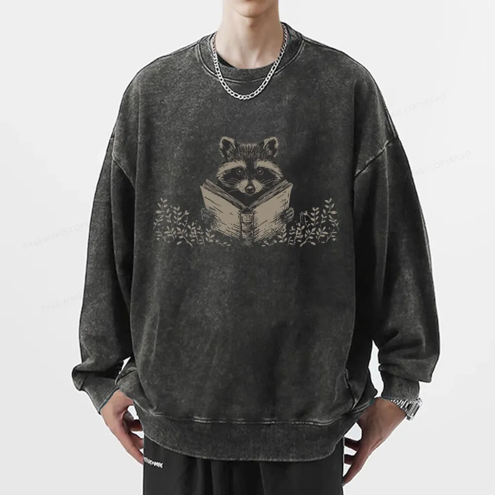 Pagewings Raccoon Reading Unisex Washed Sweatshirt